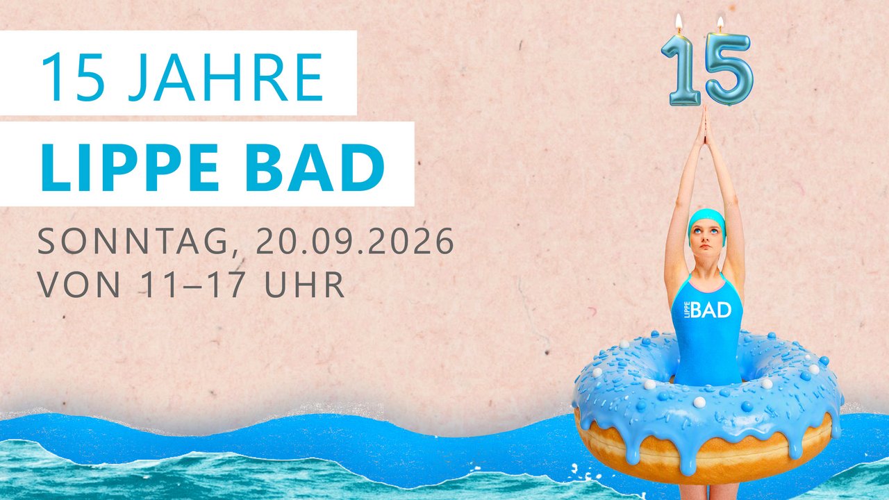 Jubiläum 15 Jahre Lippe Bad mit einer Schwimmerin in einem blauen Donut darüber die Zahl 15